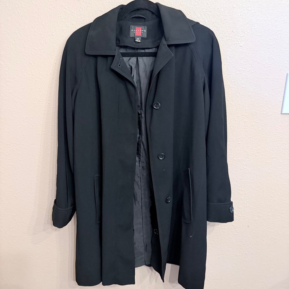 Gallery Petite Womens Black Hooded Trench Coat Button Front Mid Length PM